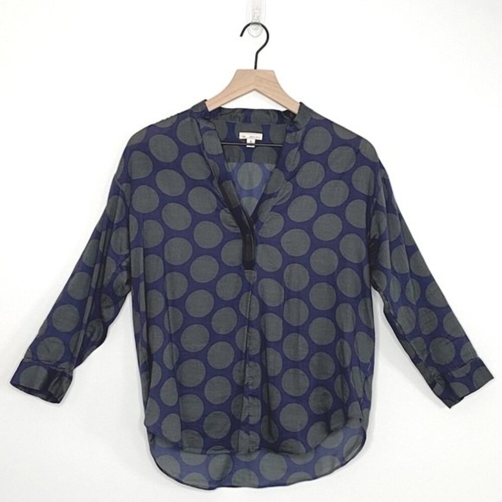 GAP Women's Blouse PXS Extra Small Petite Long Sleeve Polka Dot Blue Green